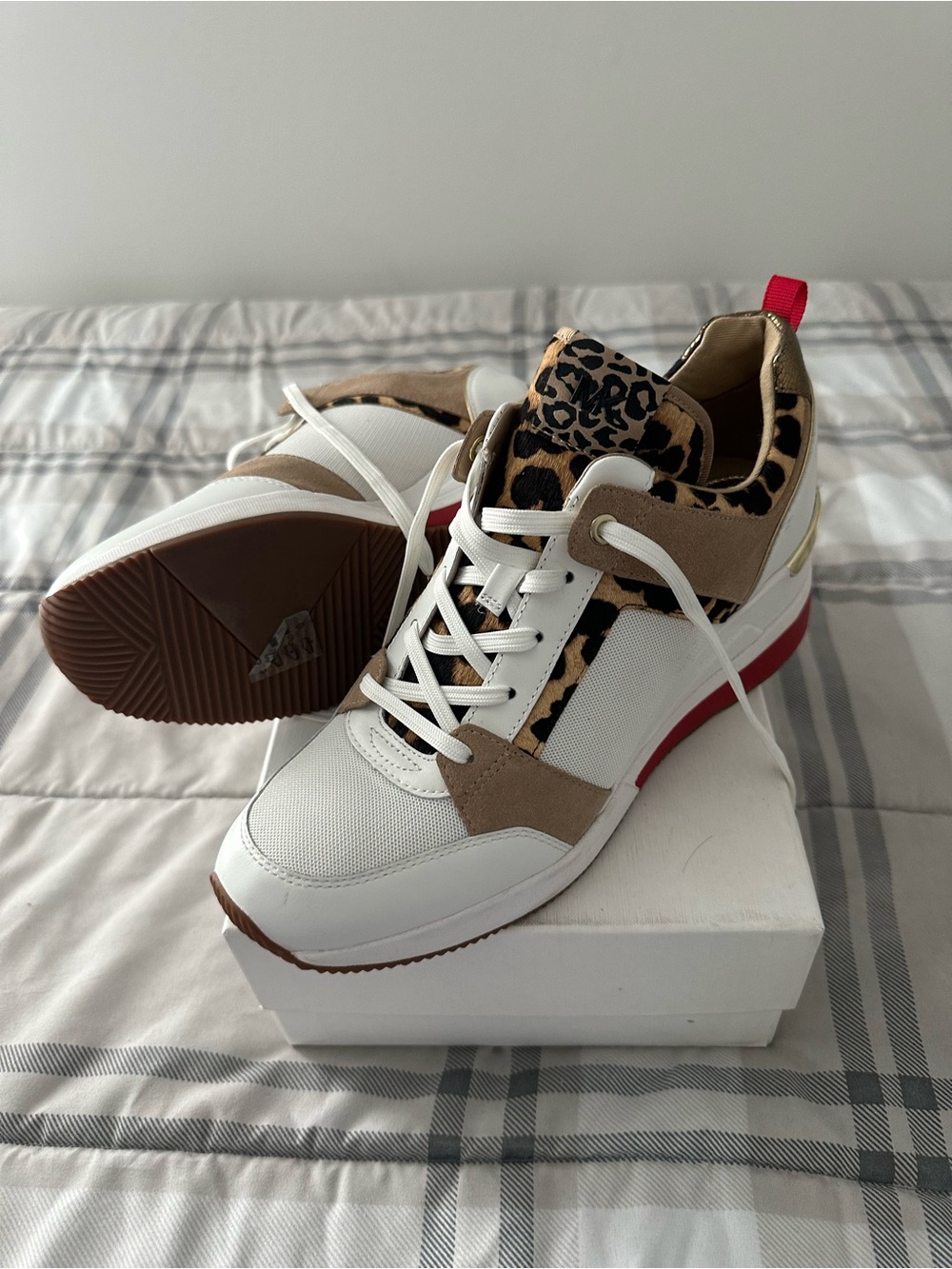 Michael Kors White Tan Leopard Accent Sneakers with Red Pull Tab